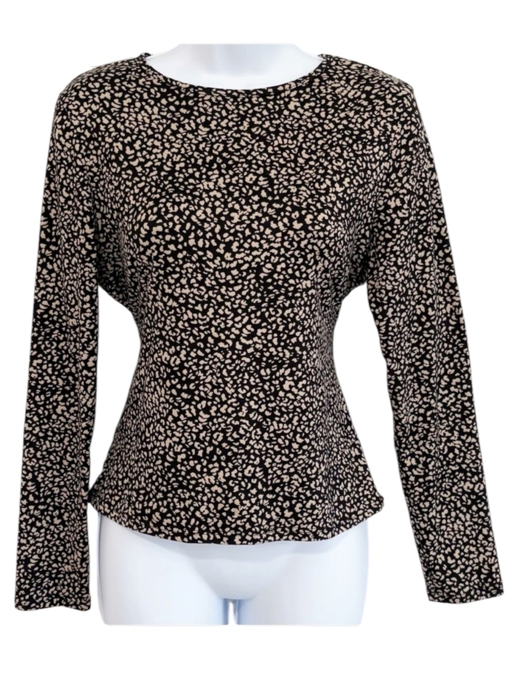 GAZE Leopard Print Long Sleeve Fitted Top Black Tan Animal Print Medium